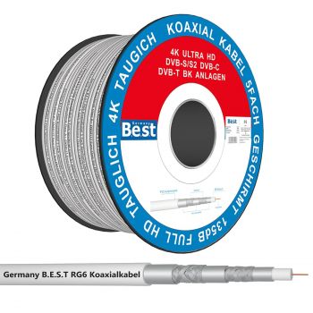 Germany B.e.s.t Koaxialkabel 50 M SAT-Kabel | 4K Ultra HD | Class A+ | DVB-S/S2 DVB-C DVB-T BK Anlagen | 5Fach Geschirmt | 135dB