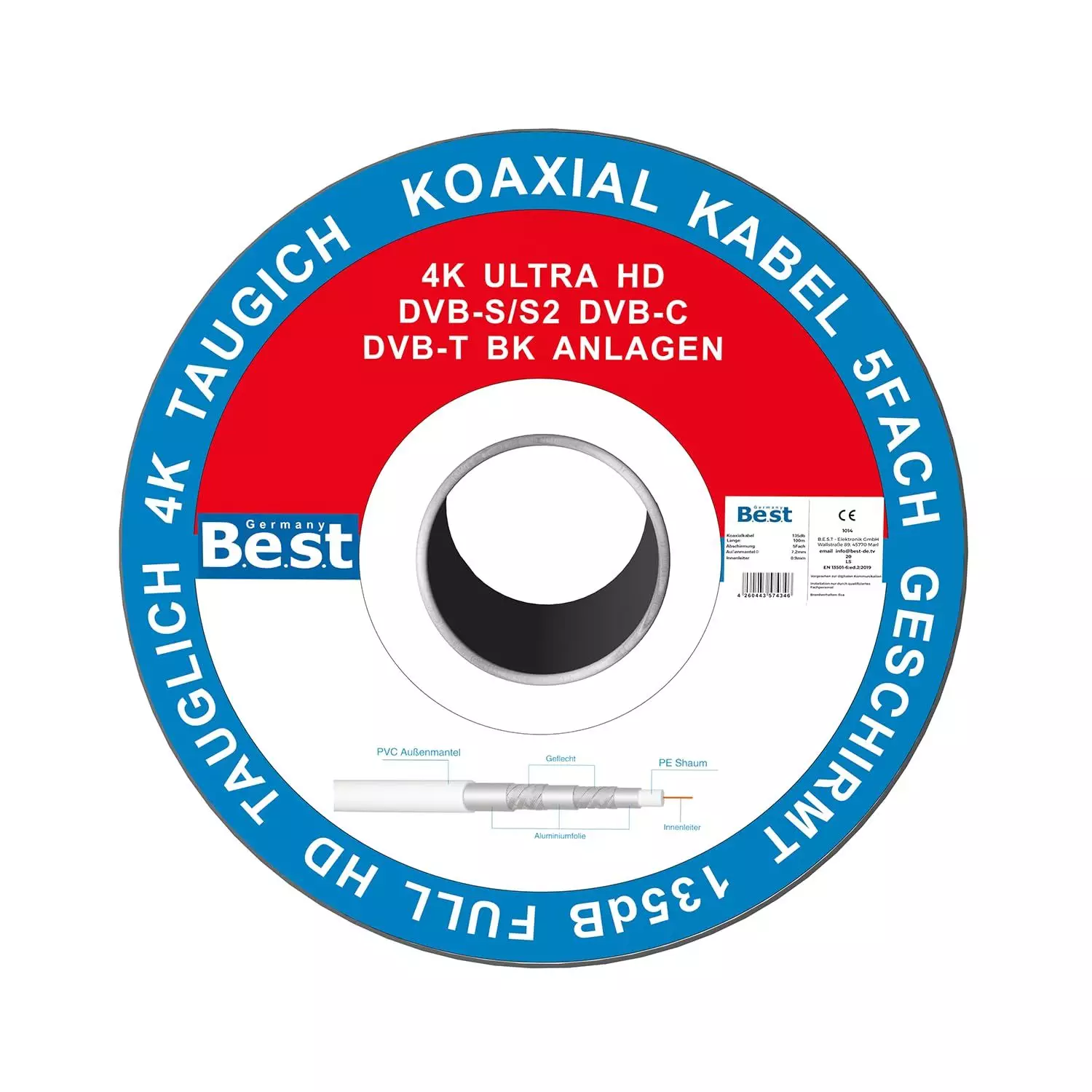 Germany B.e.s.t Koaxialkabel 50 M SAT-Kabel | 4K Ultra HD | Class A+ | DVB-S/S2 DVB-C DVB-T BK Anlagen | 5Fach Geschirmt | 135dB