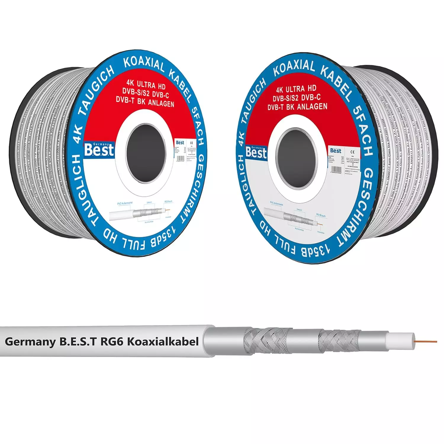 Germany B.e.s.t Koaxialkabel 50 M SAT-Kabel | 4K Ultra HD | Class A+ | DVB-S/S2 DVB-C DVB-T BK Anlagen | 5Fach Geschirmt | 135dB